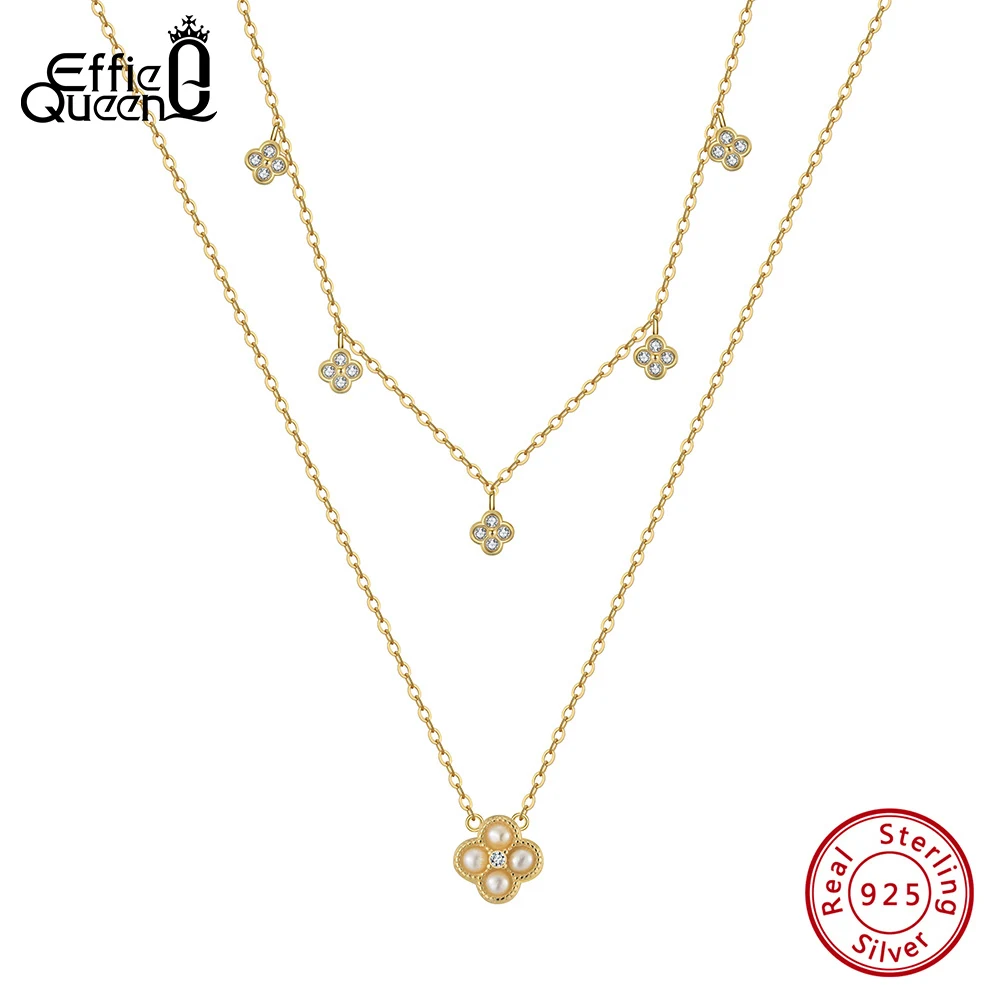 

EFFIE QUEEN 100% S925 Silver 14k Gold Four Leaf Clover Pearl & Zirconia Pendant Necklace Lucky Jewelry for Women Banquet GPN80