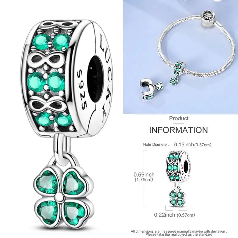 Hapilife 925 Sterling Silver Green Lucky Zircon Four-Leaf Charms Cute Dog Beads Fit Bracelet DIY Jewelry Original Women Gifts
