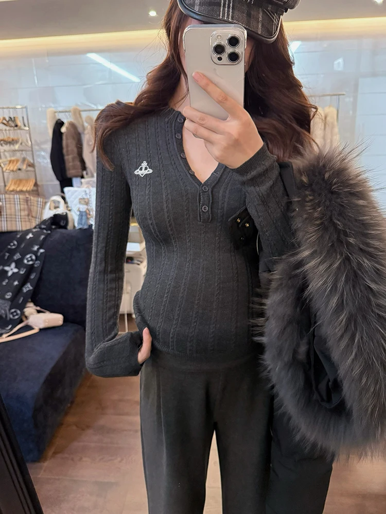 

Romantic Ne And Chest Embroidery Long Sve Slim Fit V Ne Knitted Sweater Women's Winter Faion Casual Comfortable Top