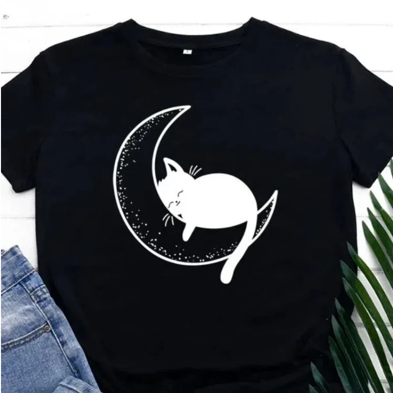 

Women's T-shirt with Moon Print Fabric for Cats Soft and Easy To Clean Versatile and Suitable for Harajuku Style Summer Wear
