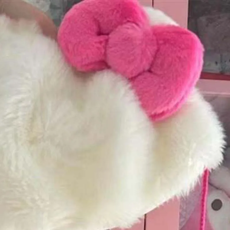 لطيف مرحبا كيتي أفخم قبعة Kawaii الأحمر القوس فروي قبعة الخريف الشتاء الفتيات موضة قبعات دافئة في الهواء الطلق حماية الأذن للنساء هدية