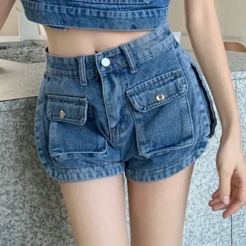 Women\'s Denim Shorts Workwear Style Summer New Ins Loose Slimming Wide Leg A-line Pants Pocket Denim Hot Pants