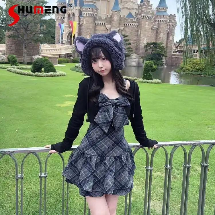 

Japanese Sweet Women's Plaid Dress Set Spring and Summer New Clothing Girl's Slim Suspender Dress Hooded Cardigan 2-piece Set