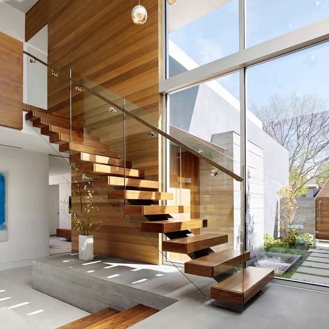 カスタマイズ可能なU字型階段、室内階段、無垢材のステップ、ガラス製の手すり付き