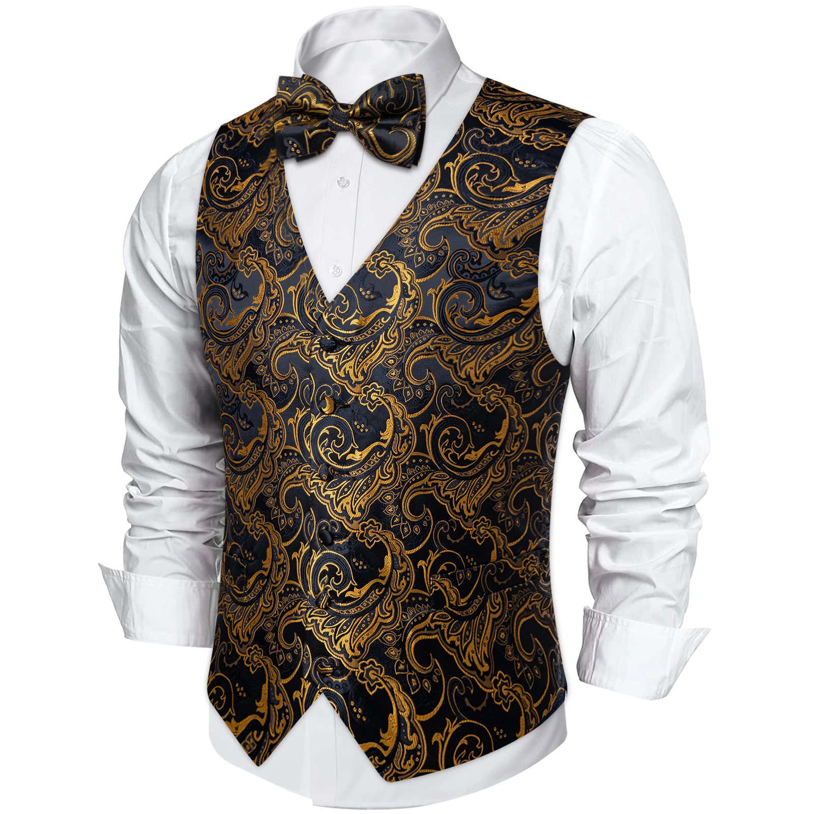 Luxury Golden Color Black Paisley Men\'s Suit Vest with Pre-tied Bow Tie Pocket Square Cufflinks Wedding Tuxedo Suits Waistcoat