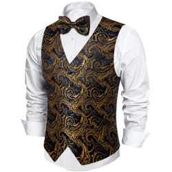 Luxury Golden Color Black Paisley Men's Suit Vest with Pre-tied Bow Tie Pocket Square Cufflinks Wedding Tuxedo Suits Waistcoat