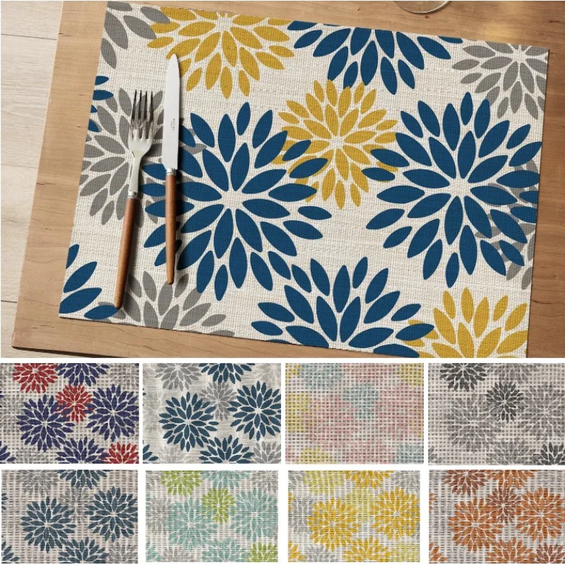 

Flower Print Linen Placemats Bohemian Style Desktop Protector Washable Non-Slip Mats for Party Kitchen Dining Decoration