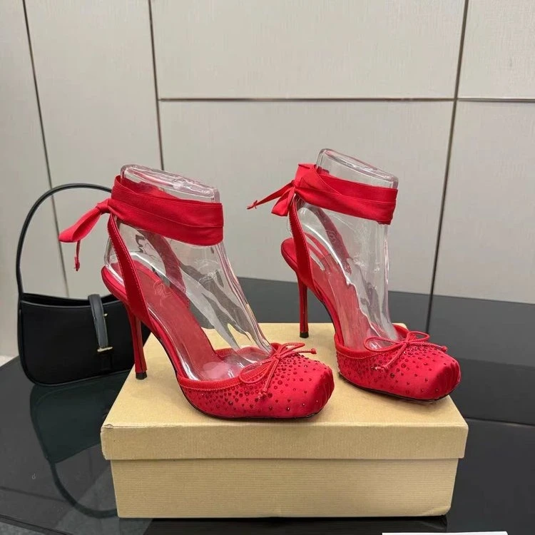 Red High-heeled Shoes, Women's Head-wrap with Pleated Bow, Ankle Strap Sandals, Ballet-style Cross-buckle Wedding Shoes view 6