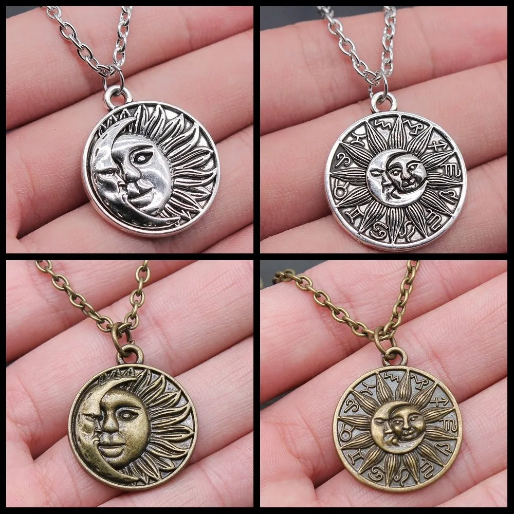 Fashion Vintage Zodiac Sun And Moon Pendant Necklace For Women Men Long Chain Necklace Creative Gift Party Jewelry Accessories