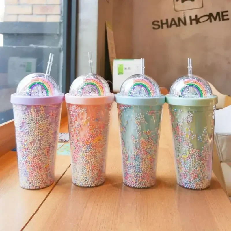 New 550ML Cup Rainbow Bubble Sequined Glitter Cup Coffee Juice Straw Mug Personalized Plastic Bottom Outdoor Reusable Straw Cup