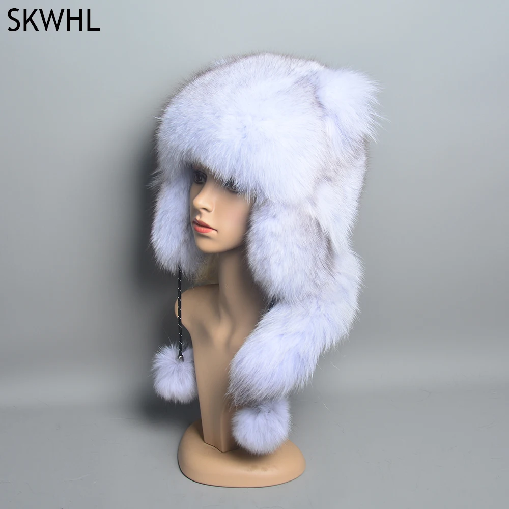 Hot Sale Luxury Ladies Winter Warm Real Fox Fur Hat hand knit women natural fox fur beanie hat genuine fox fur bomber hat