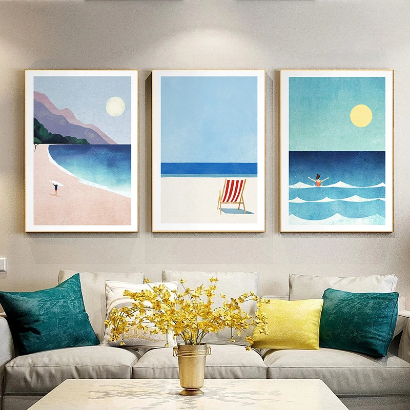 Canvas Painting Wall Art Picture Simple Outdoor Summer Beach Scenery Poster Sunset Surfers Swimming Ocean Living Room Home De
