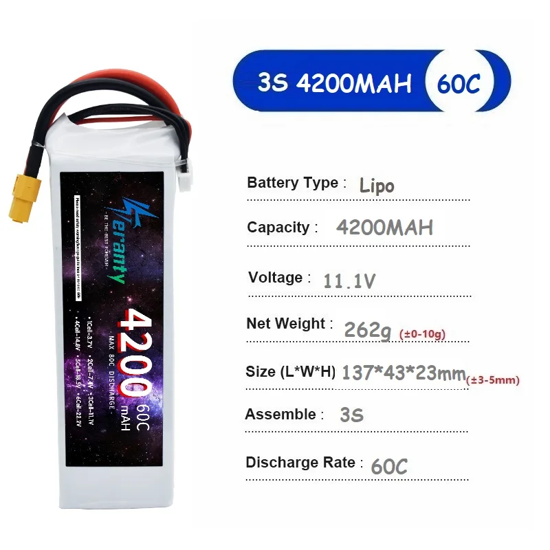 TERANTY 11.1V Lipo Battery 3S 4200MAH Battery For RC FPV Airplane Helicopter Drone Tank Model Racing Car Hobby EC5 XT60