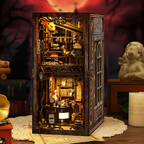 DIY 나무 책 구석 삽입 키트 LED 조명-인형 집 건물 북 엔드 책장 장식 책 애호가를위한 선물 아이디어 인형 집