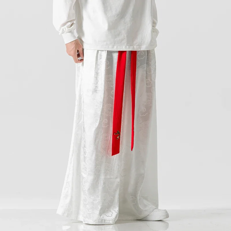 2025 Chinese Style Loose Wide Leg Pants Autumn Casual Black Skirt Pants Fashion Baggy Flared Pants Men Print Japanese Harajuku