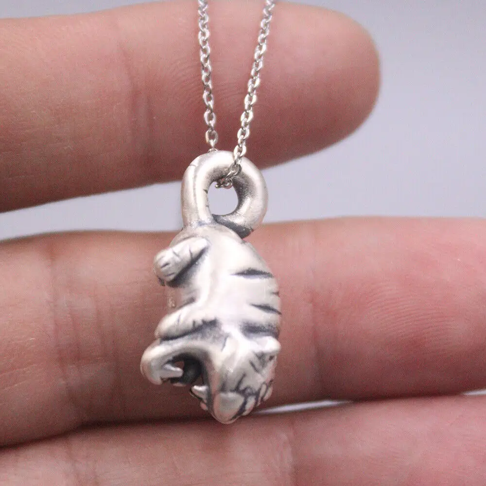 Genuine 925 Sterling Silver Lovely Small Tiger Pendant 0.90inch H Stamped S925
