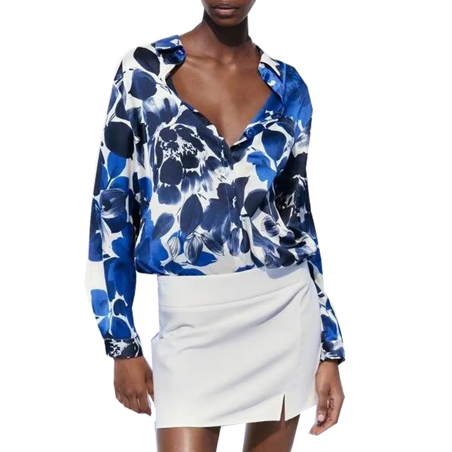 Flower Printed Silk Shirt for Women, Satin Texture, Casual Versatile, Single Breasted, Long Sleeved Top, New Fashion