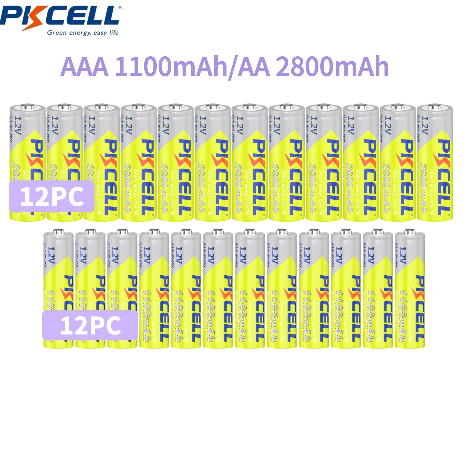 

PKCELL 12PCS AAA AA NI-MH Rechargeable Batteries 1100mAh 2800mAh 1.2V NIMH Button Top Rechargeable Batteries for Digital Mic Toy