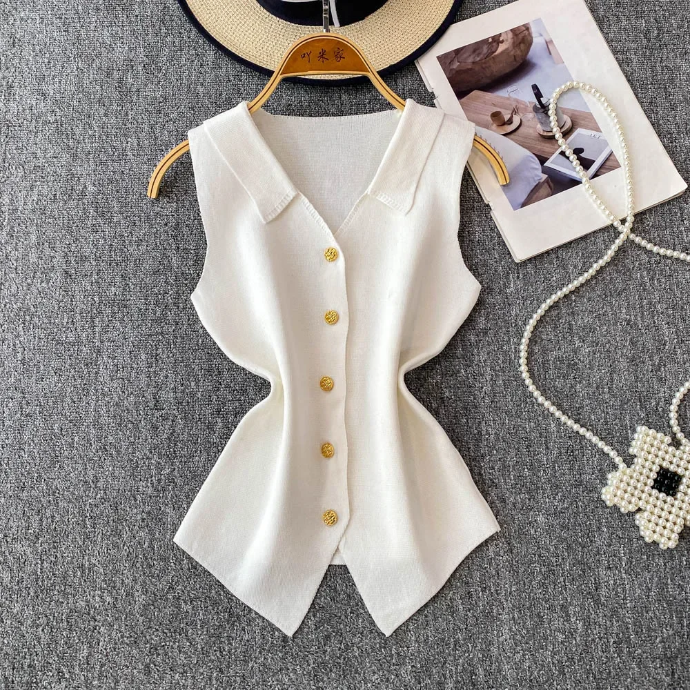 Chaleco frontal con botones dorados para mujer, chaleco de punto ajustado sin mangas con cuello en V y temperamento francés
