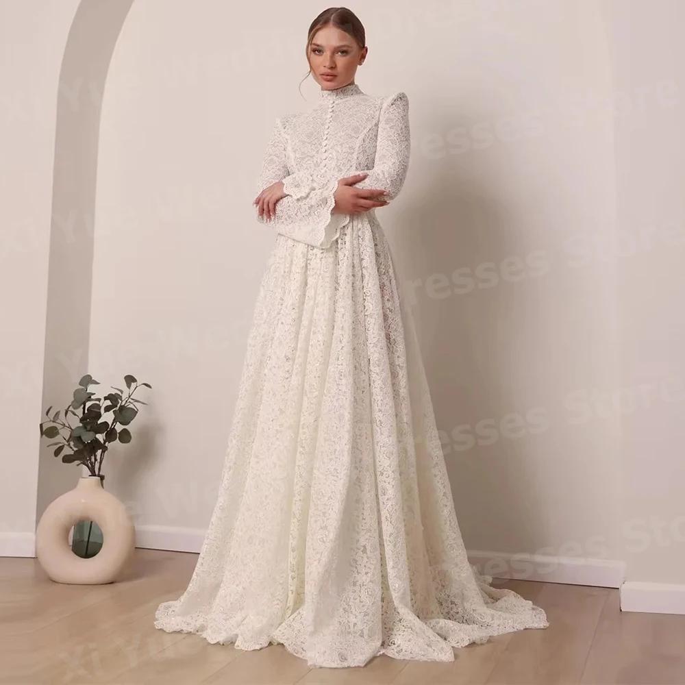 2026 Graceful A Line Women's Lace High Neck Long Sleeve Wedding Dresses Vestido De Novia Bride Gowns Customized Robe De Mariée