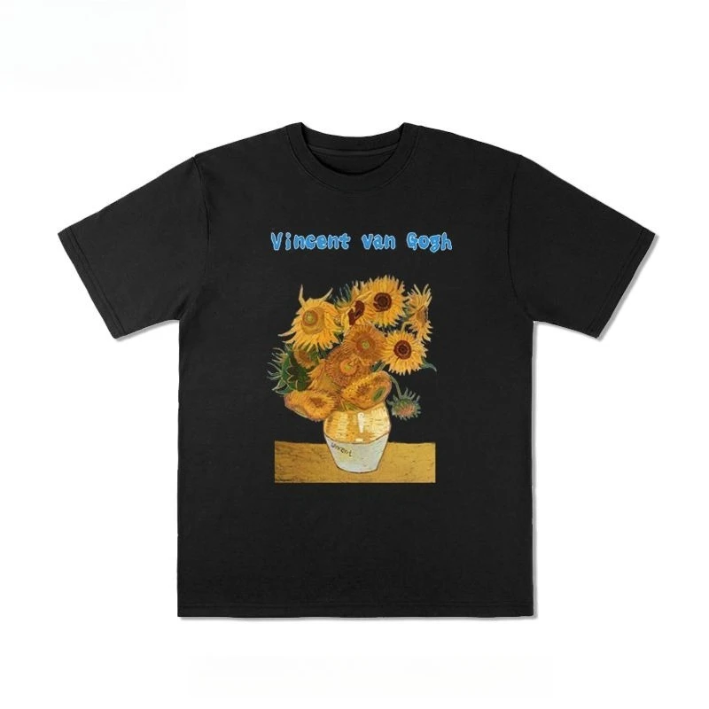 

2025 New Famous Paintings Van Gogh Works Sunflower Oil Painting Printing T-Shirt Loose Men's and Women's Short Sleeves