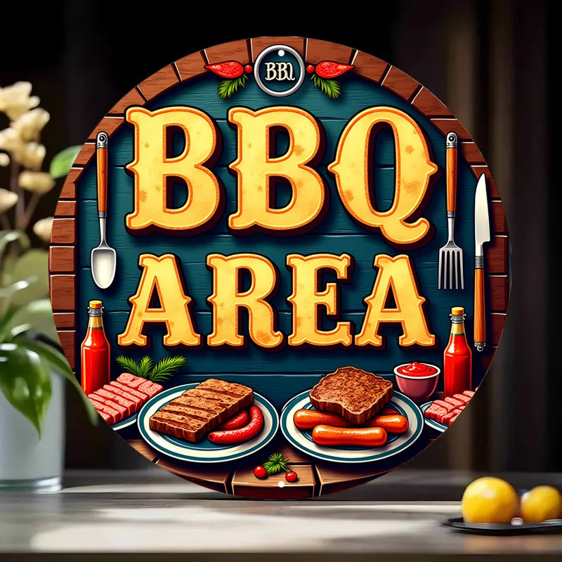 Vintage BBQ Round Metal Sign 1pc - Rustic Grilled Meat Hot Dog Wall Decor for Home Garage Cafe