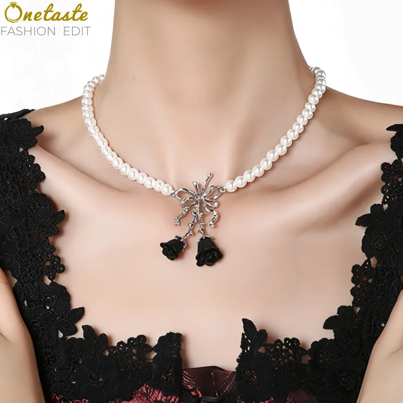 

Ожерелье-чокер с имитацией жемчуга, бусинами, бантом и подвеской в виде розы для женщин и девушек, модное, нежное, в подарок любимой