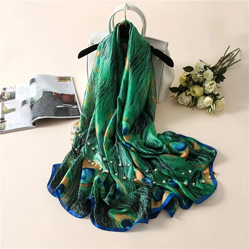 Luxury Print Silk Feeling Scarf for Women Peacock Design 180x90cm Large Shawl Wraps Neckercheif Female Headband Bandana Stoles