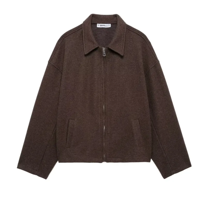 

Women Brown Zipper Woolen Jacket For Women Elegant Lapel Long Sleeve Short Coats Female Vintage Autumn Lady Street Outerwear