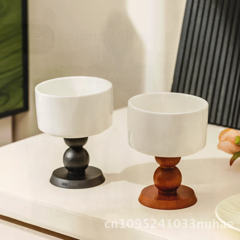 

Retro Ceramic Goblet French Ice Cream Cup Pudding Dessert Bowl with Wooden Candle Holder Modern Minimalist round Shape White