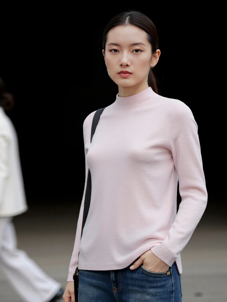 Birdtree، قميص داخلي صلب 100% من الصوف الخالص، قميص نسائي محبوك برقبة وهمية، بلايز بأكمام كاملة، مناسب للجسم، شتاء 2025 جديد T5D523JF