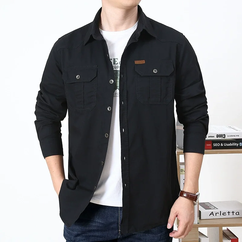 Men’s Tactical Cotton Work Shirt Long Sleeve Military-Style Button-Up with Utility Pockets, Casual Outdoor Workwear