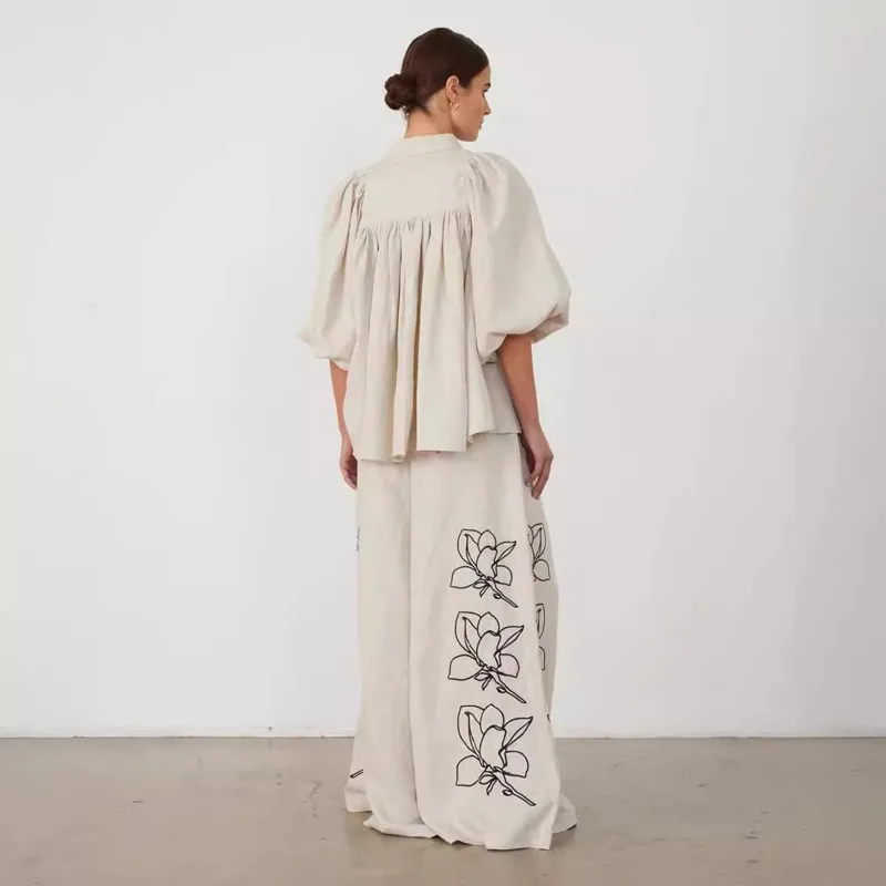 EAEOVNI الأزهار التطريز المرأة موضة 2 قطعة مجموعة قصيرة الأكمام بلوزة + بنطال واسع الساق عادية 2025 ملابس جديدة 1A495 #2