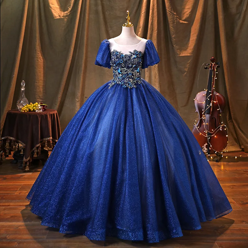 

Blue Ball Gown Quinceanera Dresses Appliques Elegant Prom Birthday Party Gowns Formal Occasion Sweet 16