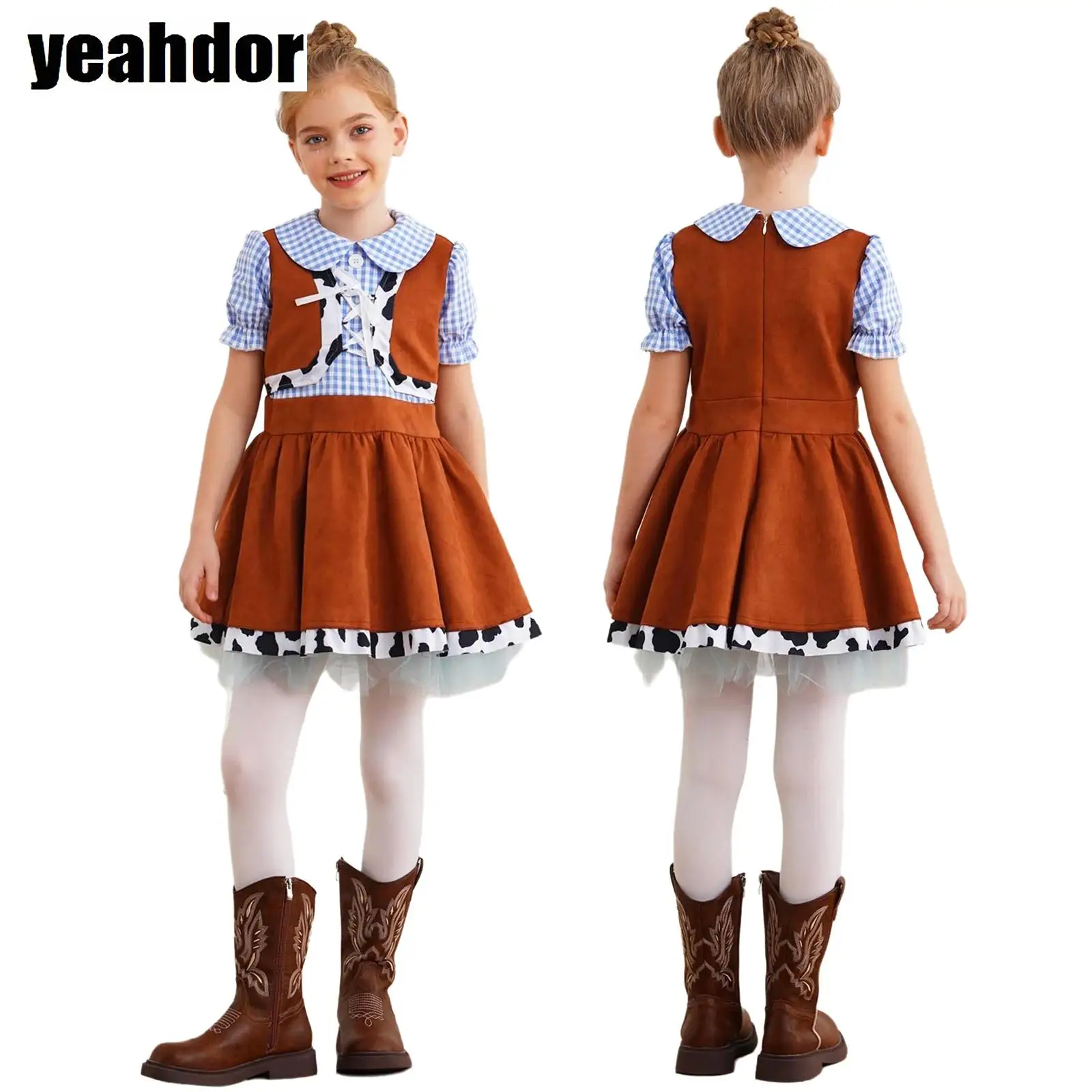 

Halloween Western Cowboy Cosplay Costume Girls Puff Sleeve Cow Print Gingham A-line Dress for Cowgirl Performance Fancy Dress Up