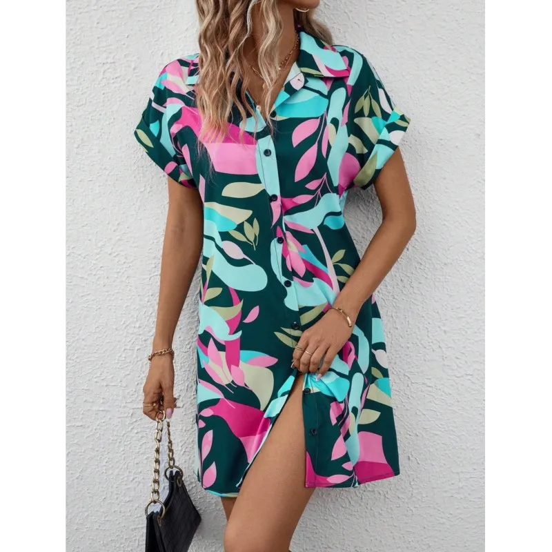 

Elegant Women's Lapel A-Line Dress 2024 Women's Summer New Fashionable Colorful Floral Print Cardigan Short Sleeved Dress Femme