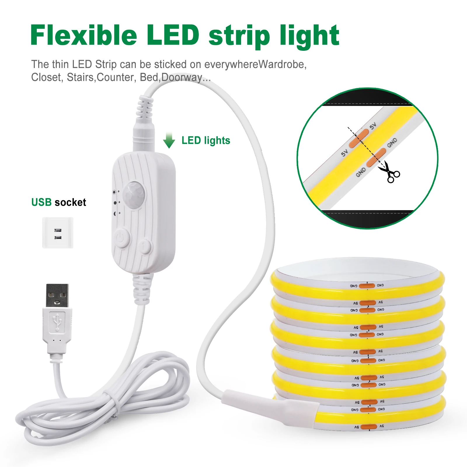 3MM 5MM 8MM 5V COB Led Strip with PIR Motion Sensor Induction Night Light AAA Battery USB Powered Tape for Cabinet Wardrobe Room