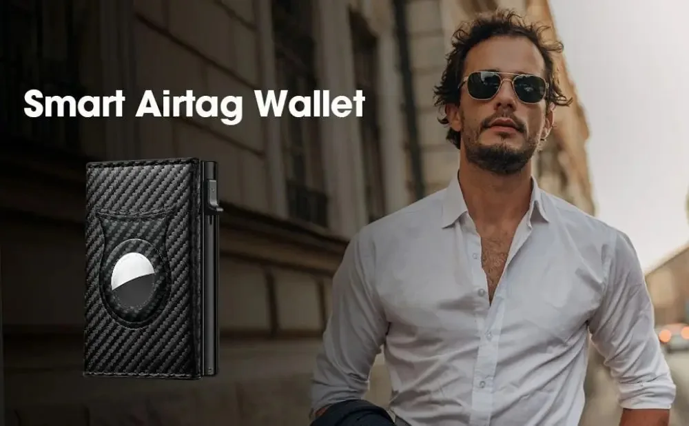 Herren-Geldbörse aus Kohlefaser, magnetischer Kartenclip, Leder, RFID, dreifach gefaltet, mit Reißverschluss, Pop-Up-Smart-AirTag-Geldbörse – Detail 1