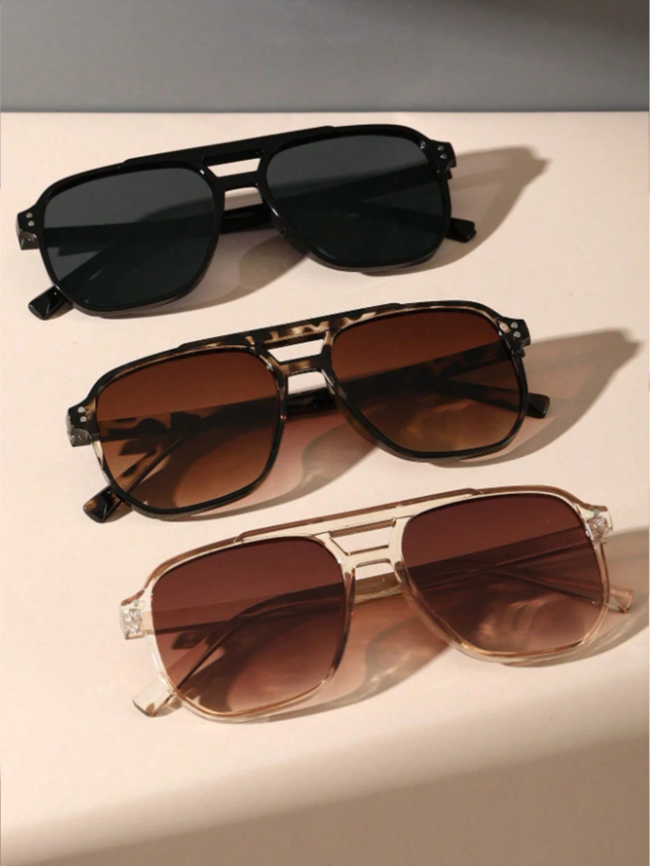 3-teiliges Set Retro Doppelbrücken-Aviator-Sonnenbrillen, UV-Schutz, Unisex-Stil, Trendige und Vielseitige Modebrillen