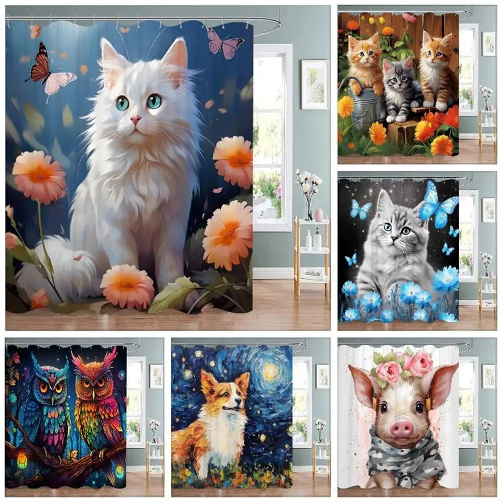 Funny Animal Shower Curtain Cute Cat in Flower with Butterfly Fluttering Polyester Fabric Washable Shower Curtain Bathroom Decor