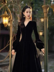 OCEANLOVE 2024 Spring Autumn Women Dresses Velvet Hepburn Style Solid Lantern Sleeve Vestidos Mujer French Vintage Long Dress