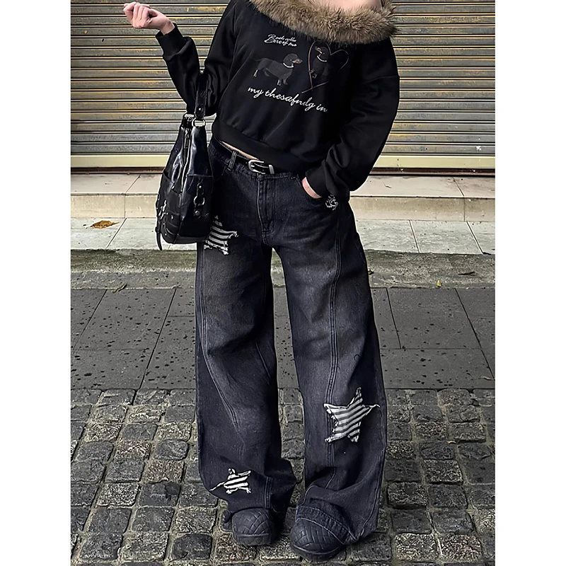 Women Black Goth Y2k Emo Jeans Harajuku Vintage Baggy Denim 