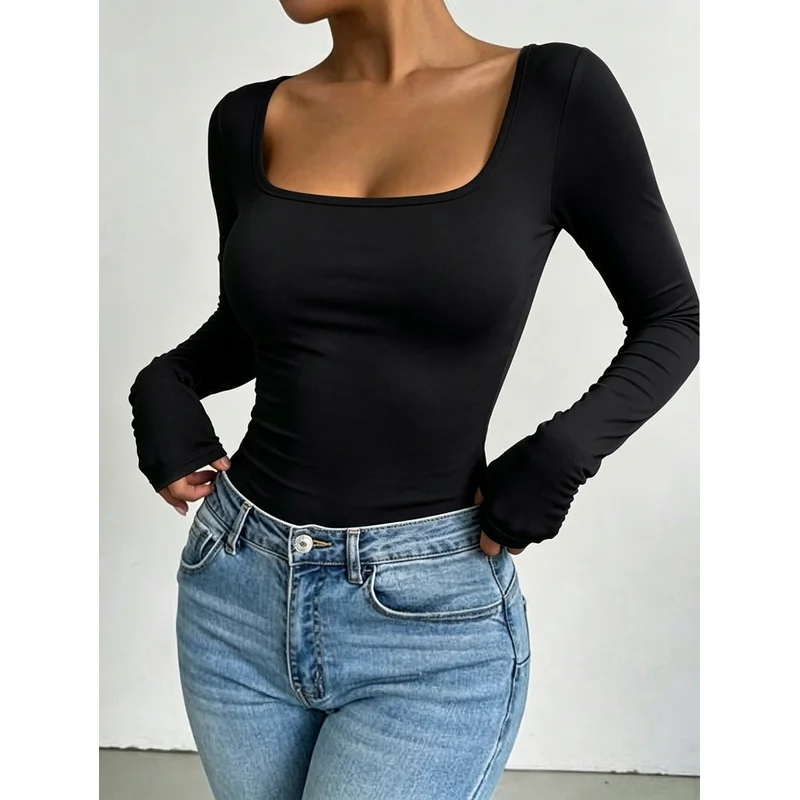 U-Neck Long-Sleeve T-Shirt for Women, New Spring/Autumn Collection, Solid Color Slim-Fit Versatile Cropped Top