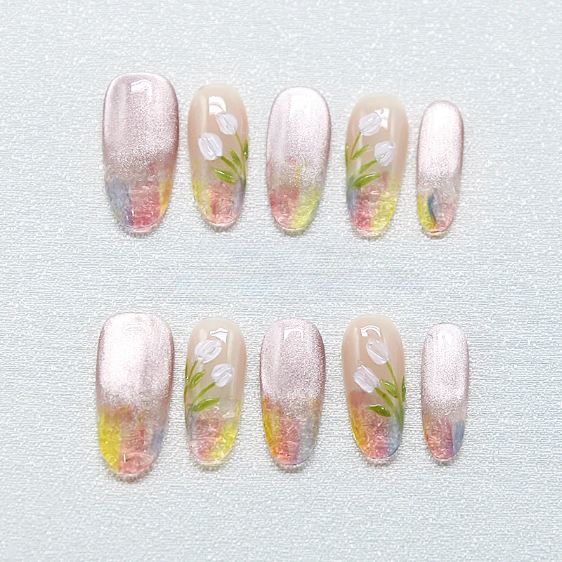 10pcs Handmade False Short Nails Multicolor Floral Oval Press on Nails Elegant Spring Summer Sticky Fake Nails Self-nail 2025