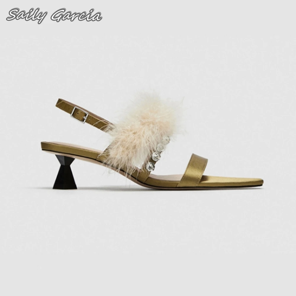 Silk Crystal Faux Fur Belt Buckle Strap Spike Heels Sandals 2024 New Straight Strap Hollow Women Pumps Open Toe Luxury Sexy Shoe