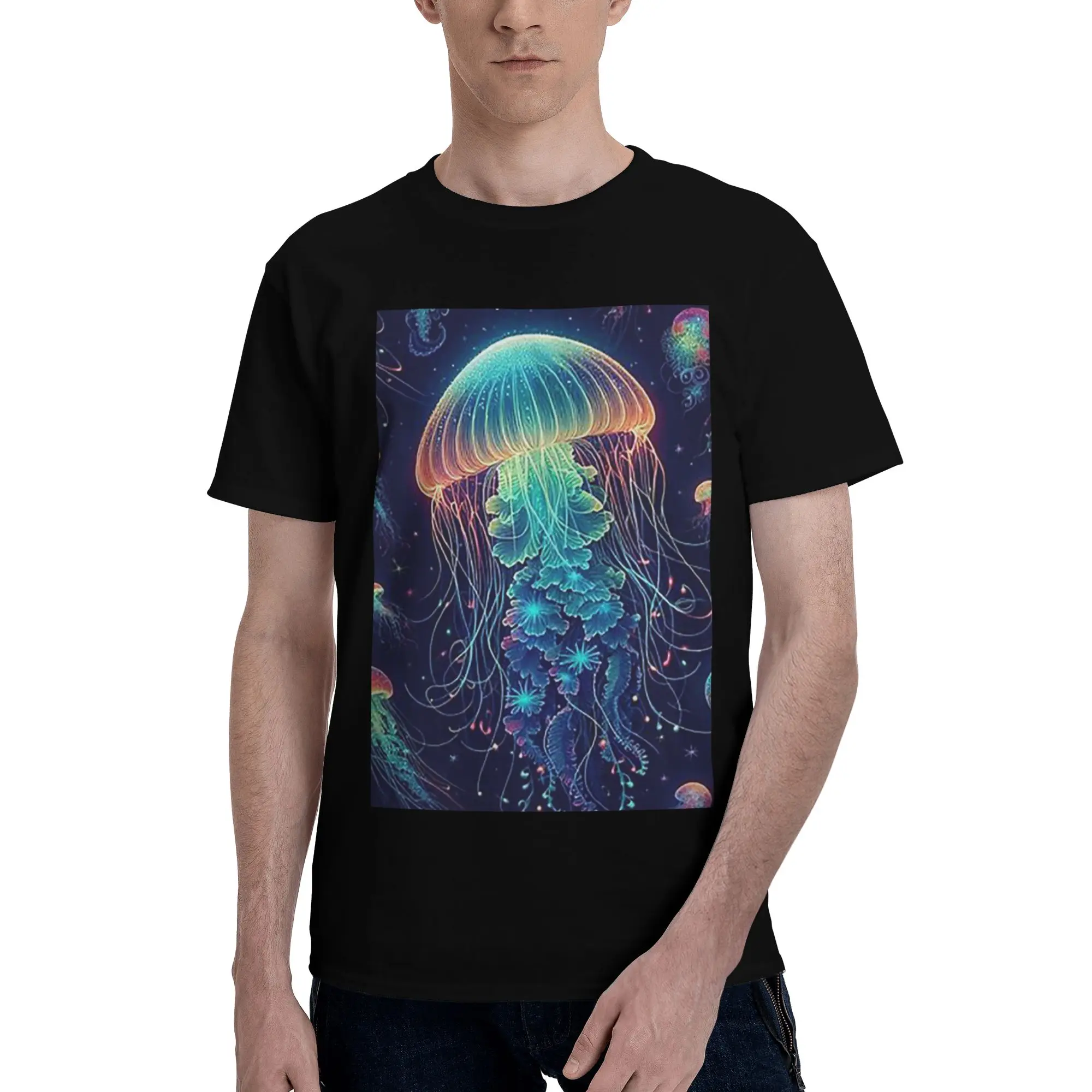 

Luminescent Rainbow Jellyfish on Navy Blue 100% Cotton T-Shirt Men's Oversized T Shirts Men O-Neck Short Sleeve S-6XL