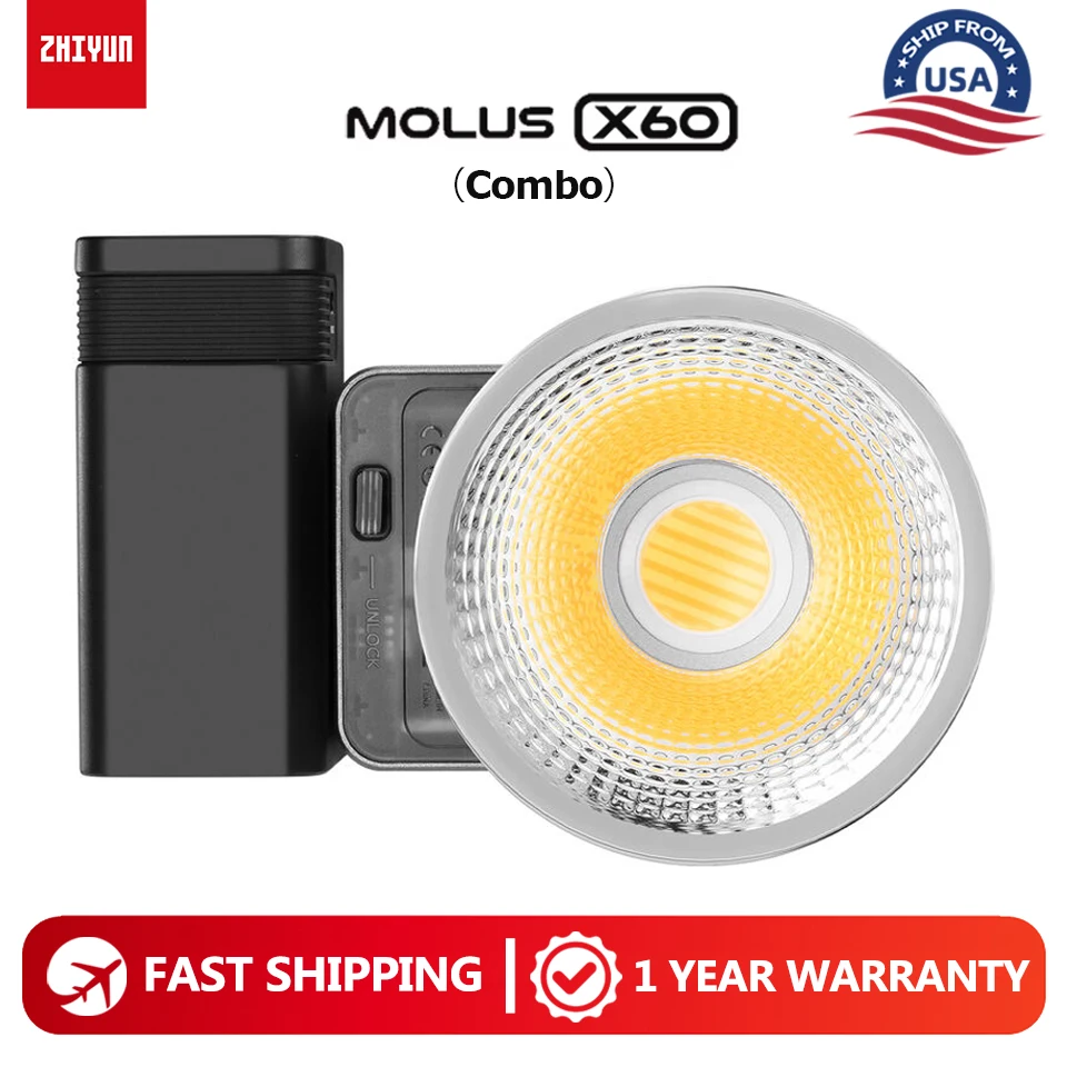 

ZHIYUN MOLUS X60 Combo 60W 2700K-6500K Bi-color COB Video Light Photography Fill Light for Outdoor Studio Live Shooting CRI 95