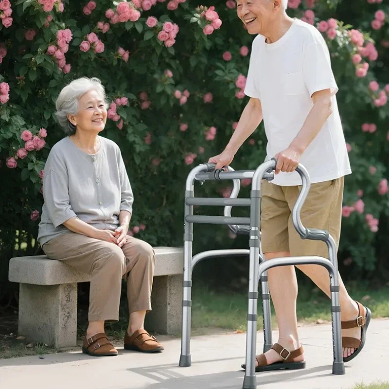 Foldable Walker with Seat - 4-Point Walking Aid for Seniors, Lightweight Mobility Support, Double Handrail Cane, Compact Design