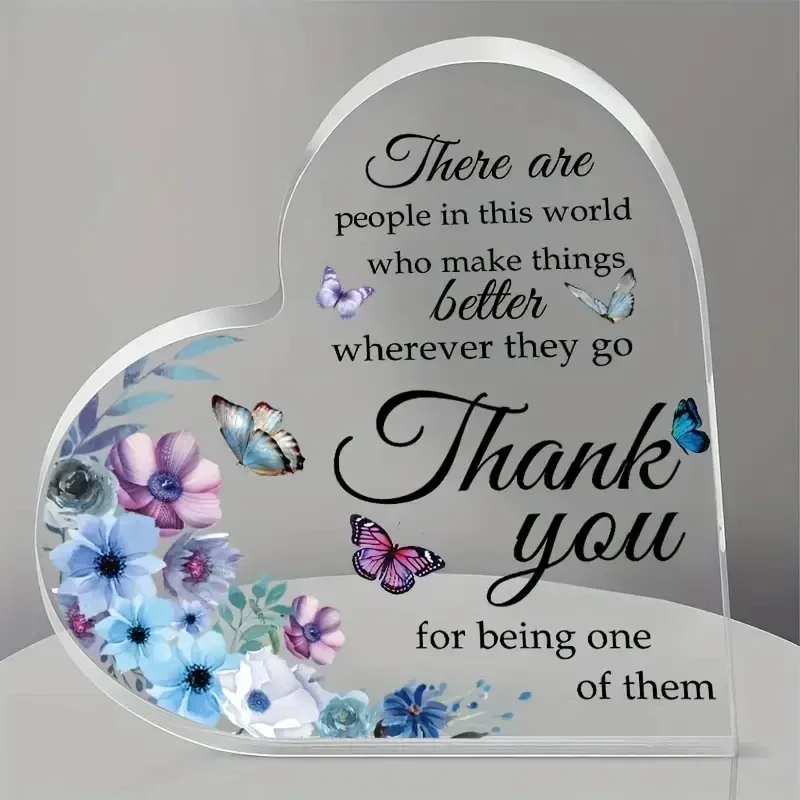 Watercolor Flowers & Butterflies Clear Heart Acrylic Stand Inspirational Thank You Desktop Ornament