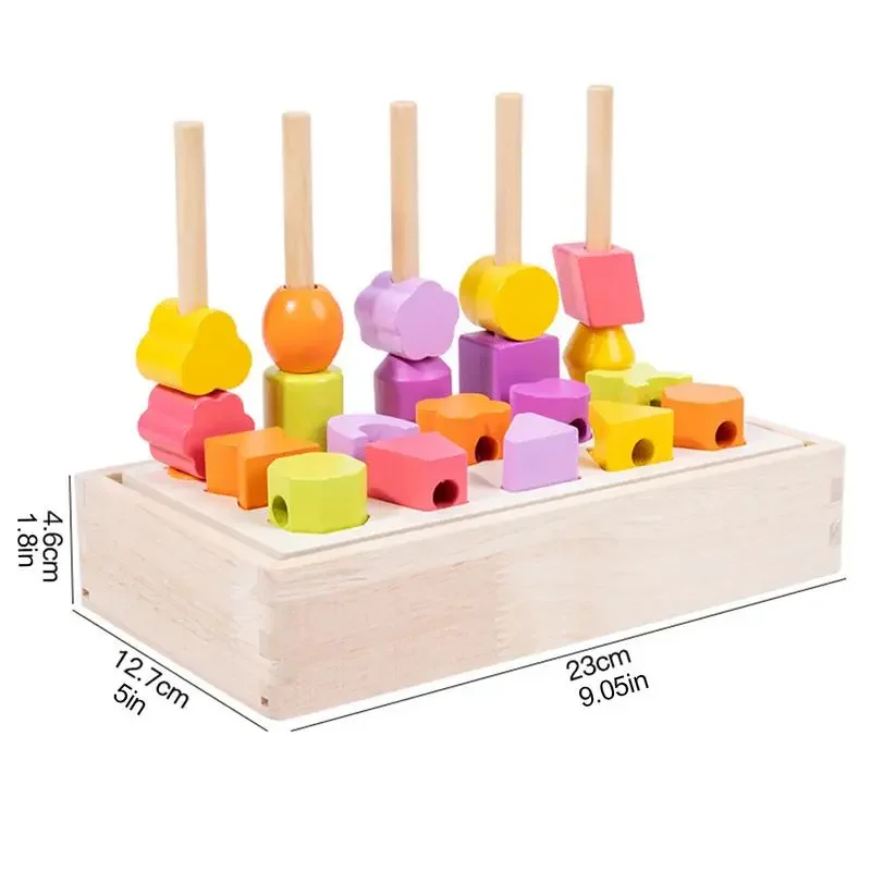 Toddler Montessori Toys Wooden Beads Sequencing Stacking Block Matching Shape Lacing Beads Threading Fine Motor Skills Toys Kids